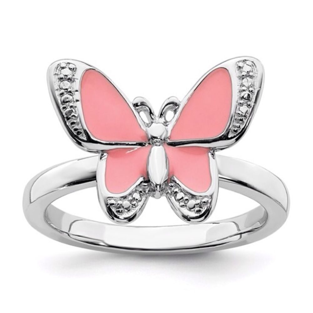 Sterling Silver Stackable Expressions Pink Enamel Butterfly Ring: